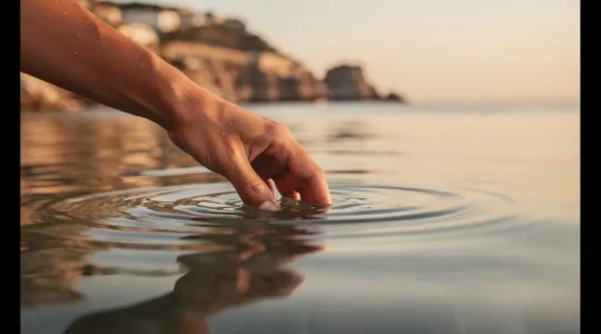 Photographie éditoriale montrant une main effleurant la surface d'une eau calme au coucher du soleil, symbolisant la fragilité des souvenirs de voyage qui s'estompent avec le temps