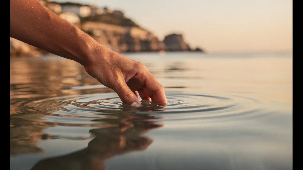 Photographie éditoriale montrant une main effleurant la surface d'une eau calme au coucher du soleil, symbolisant la fragilité des souvenirs de voyage qui s'estompent avec le temps
