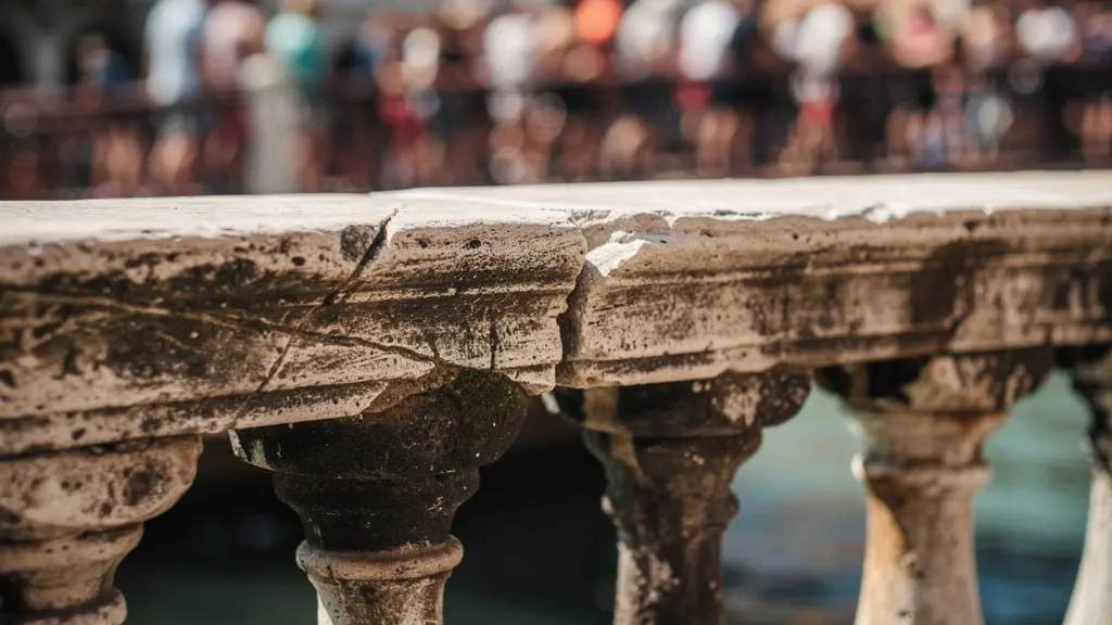 Foule dense vue de haut sur un pont vénitien étroit, illustrant le contraste entre l'image idéalisée et la réalité touristique