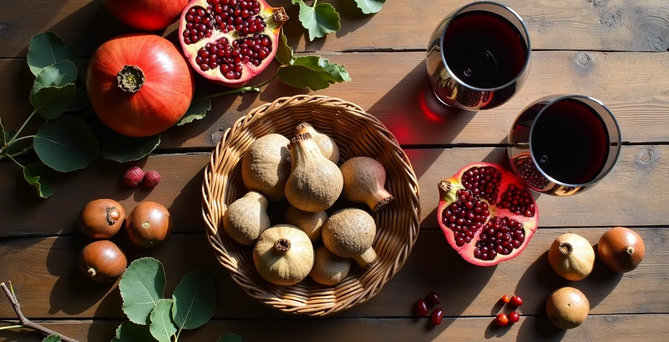 Table rustique avec produits de saison toscans et vin local
