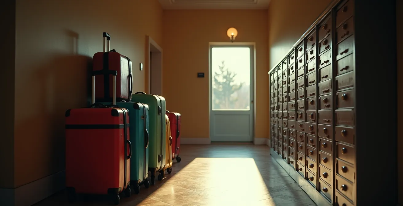 Hall d'entrée d'immeuble résidentiel avec valises de touristes et boîtes aux lettres, symbolisant la tension entre résidents et locations de courte durée.