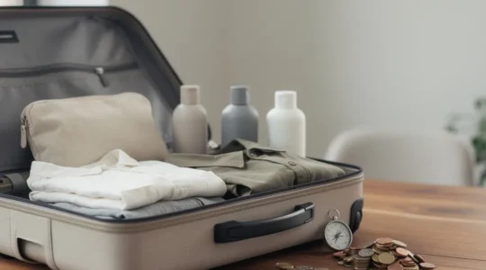 Une valise ouverte sur une table avec des objets de voyage neutres et des piles de pièces symbolisant un plan de vacances concret et budgété, avec un grand espace vide pour un titre.