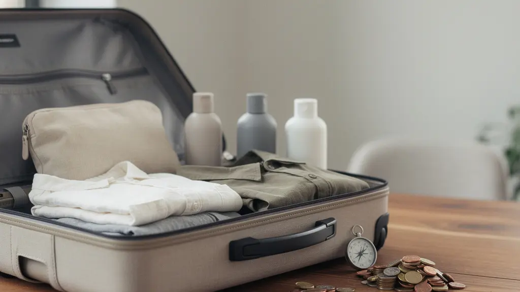 Une valise ouverte sur une table avec des objets de voyage neutres et des piles de pièces symbolisant un plan de vacances concret et budgété, avec un grand espace vide pour un titre.