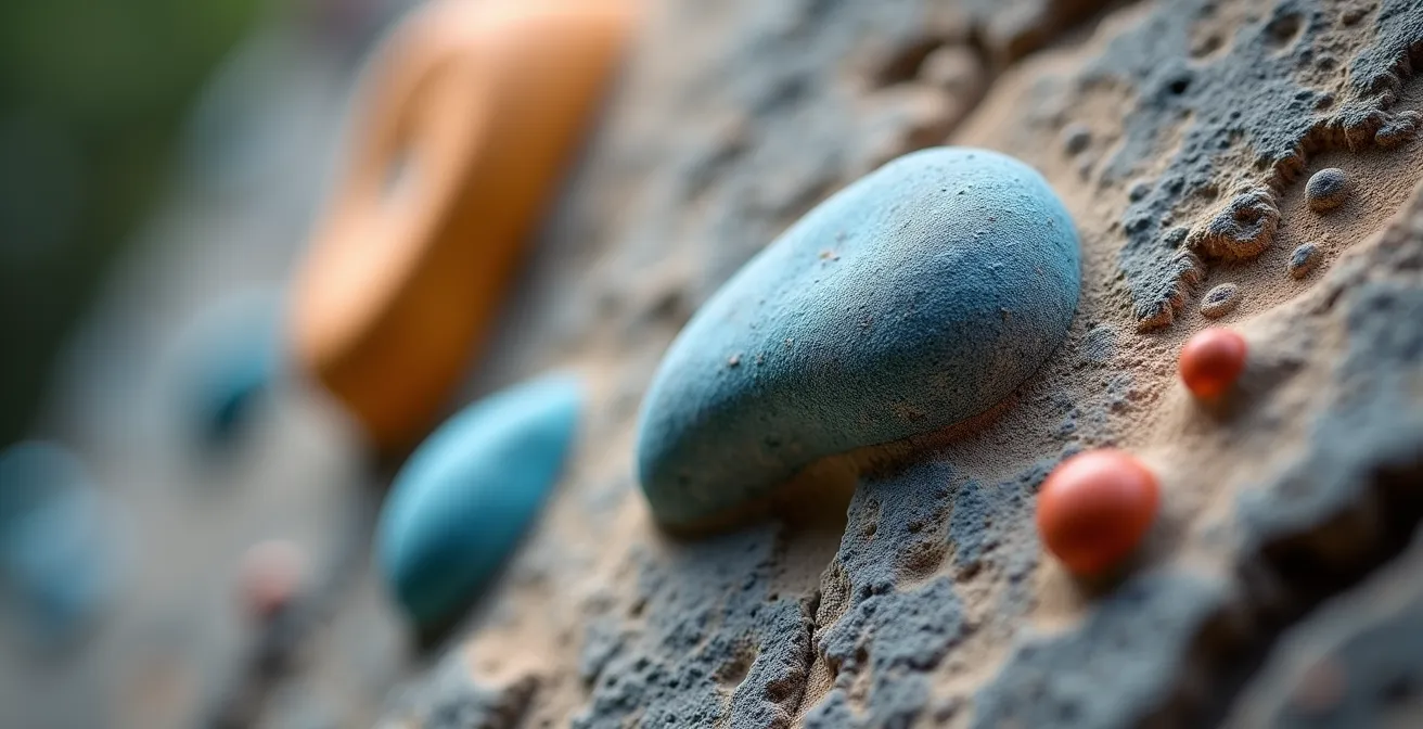 Gros plan sur différents types de prises naturelles en rocher calcaire et granite