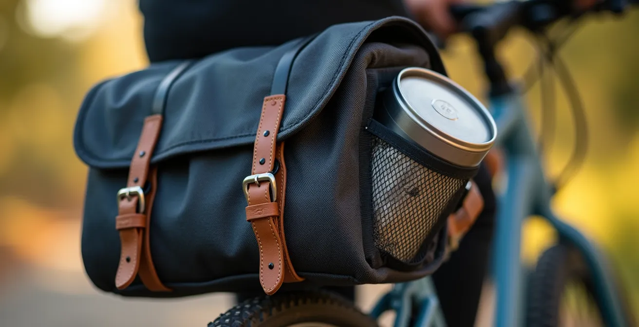 Détail macro de sacoches élégantes fixées sur un vélo électrique avec accessoires de confort