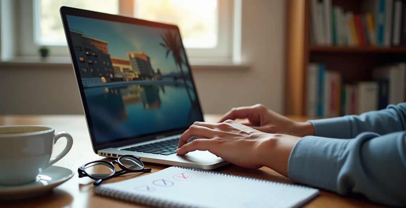 Personne vérifiant des avis d'hôtel sur son ordinateur avec carnet de notes