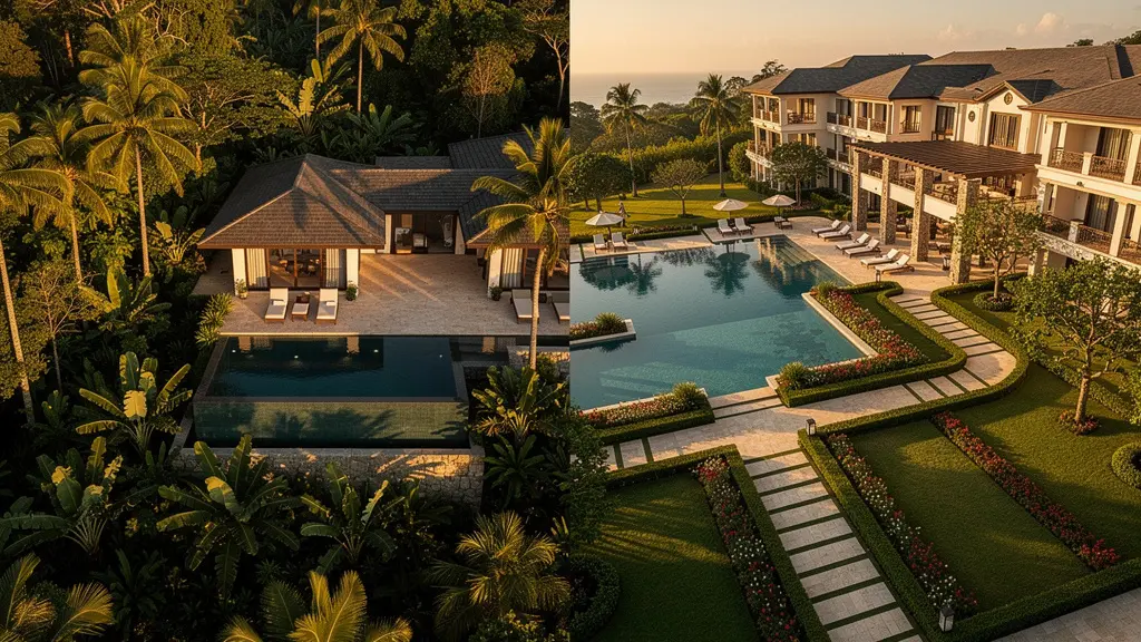 Vue aérienne d'une villa avec piscine privée face à un complexe hôtelier avec jardins