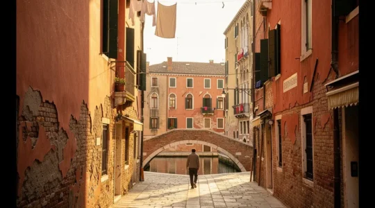 Ruelle vénitienne déserte baignée de lumière dorée avec un canal en arrière-plan, évoquant la sérénité possible même en haute saison touristique