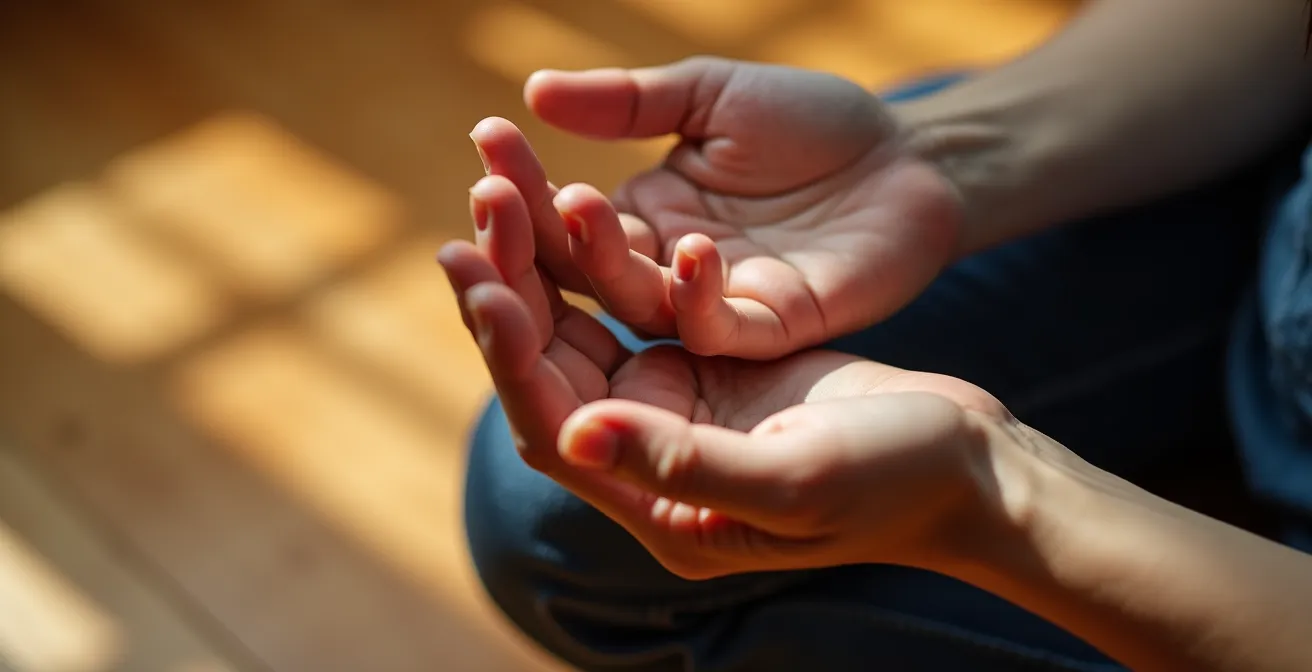 Gros plan macro sur des mains en position de mudra pendant la méditation