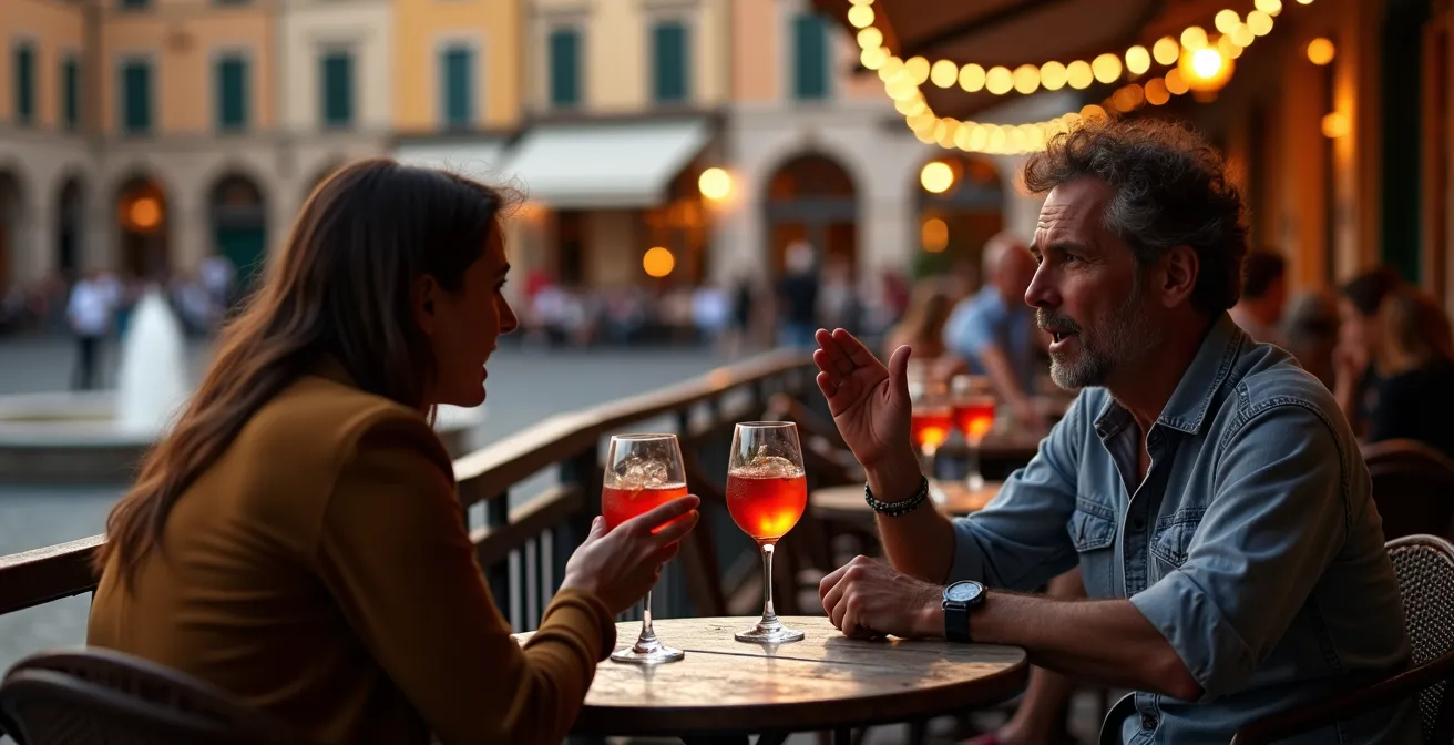 Aperitivo sur une terrasse de café italien avec vue sur la place du village