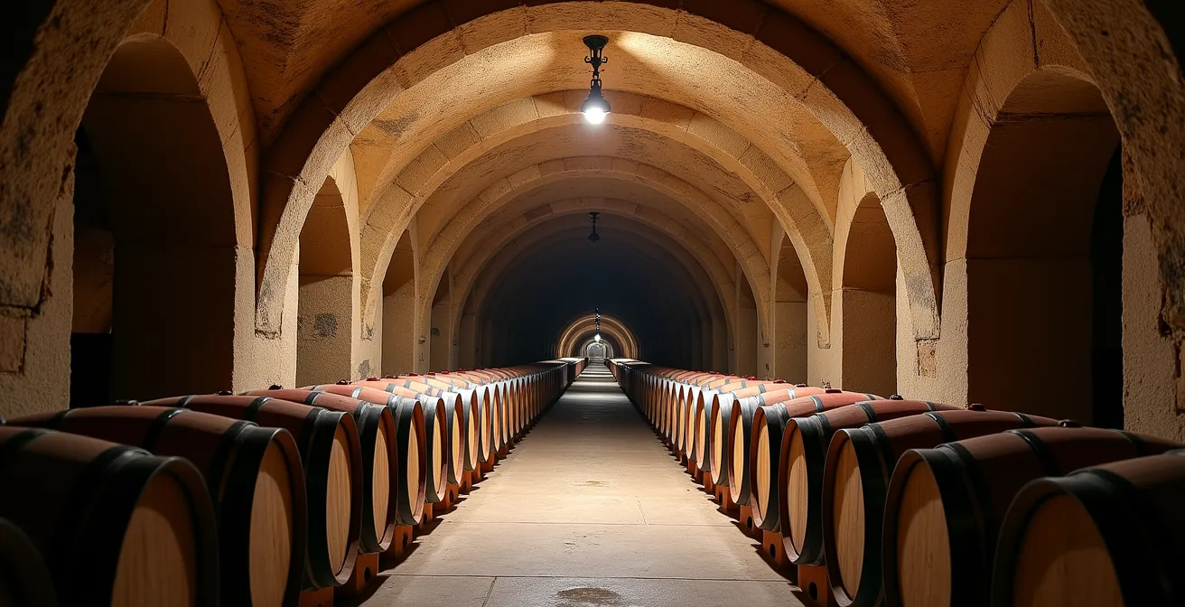 Vue intérieure d'une cave voûtée italienne avec barriques