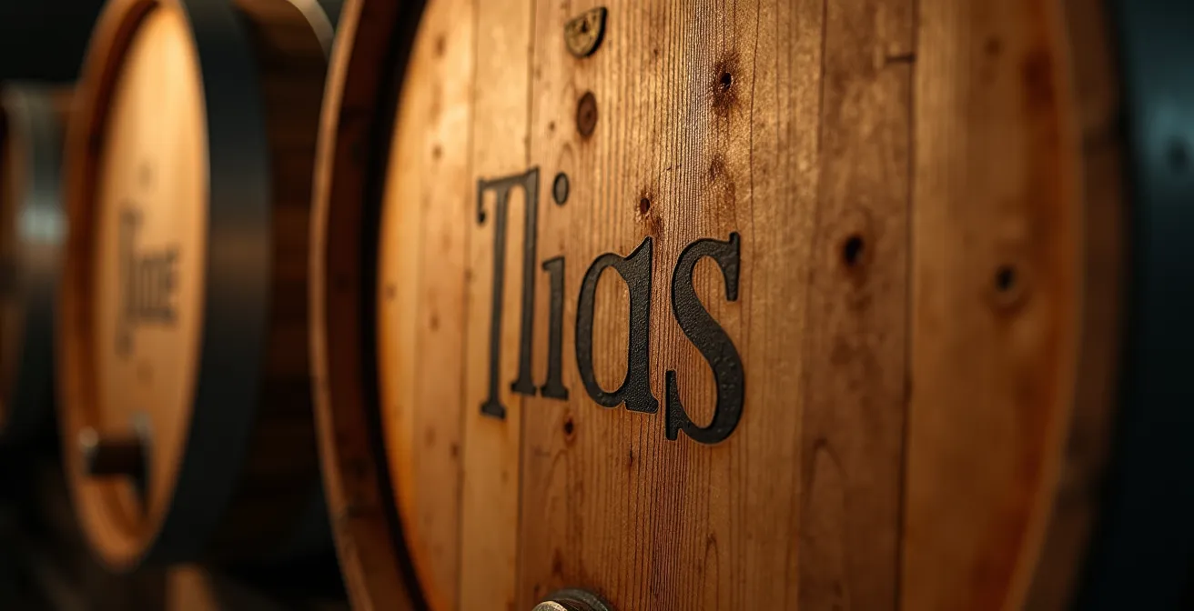 Gros plan sur une barrique de chêne marquée à la craie dans une cave