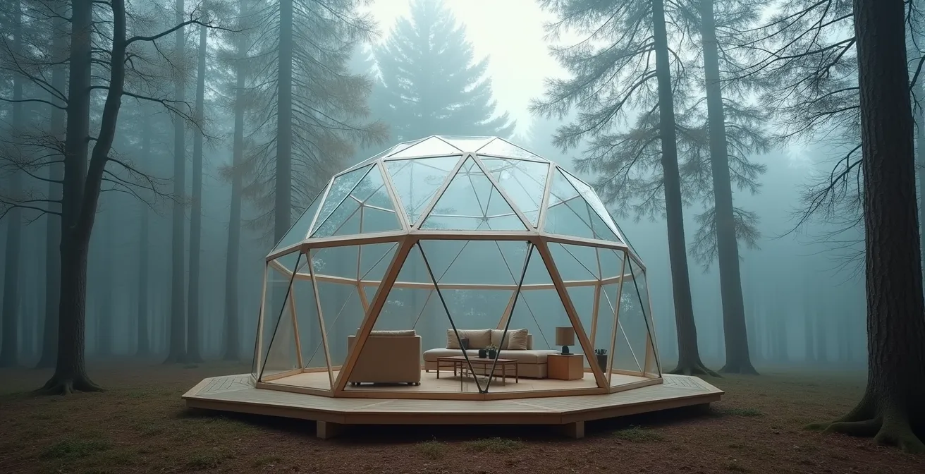 Dôme géodésique transparent entièrement fermé posé sur une plateforme en bois au milieu d'une forêt verdoyante