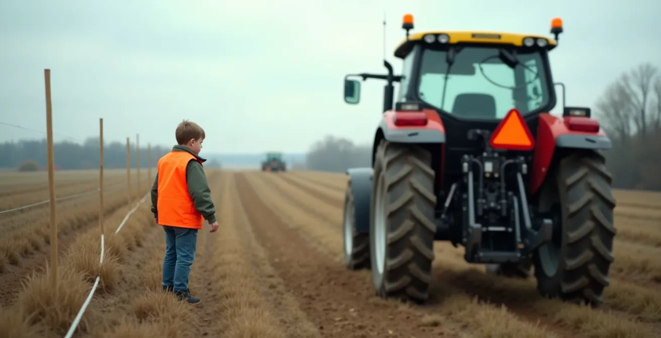 Enfant maintenu à distance de sécurité d'un tracteur agricole, observant avec attention les explications de l'agriculteur