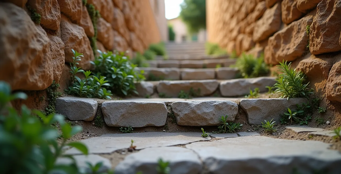 Escaliers anciens en pierre d'un village médiéval italien avec murs épais et architecture authentique préservée
