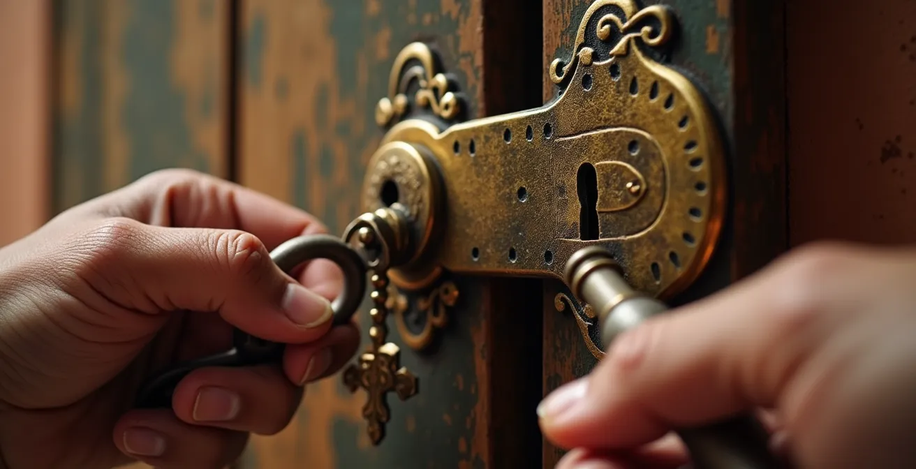 Gros plan sur une main inspectant une serrure ancienne de villa toscane