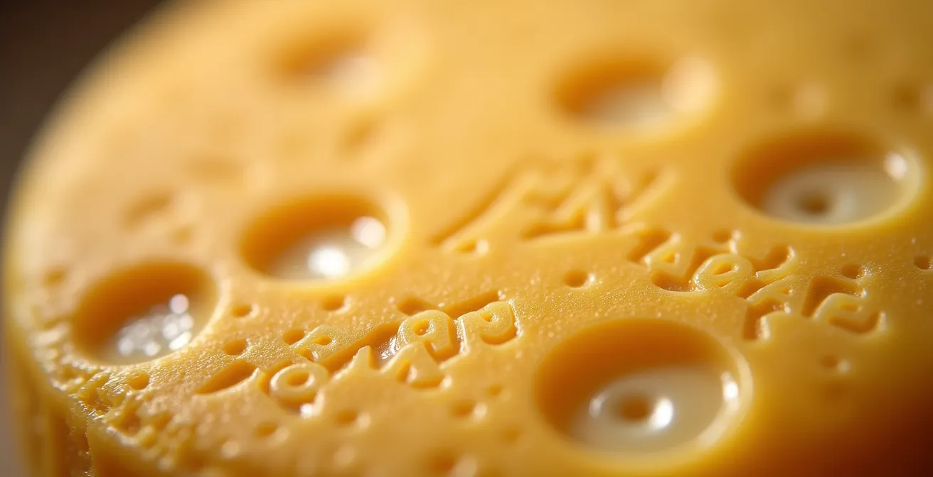 Gros plan sur le marquage en pointillé distinctif d'une meule de Parmigiano Reggiano