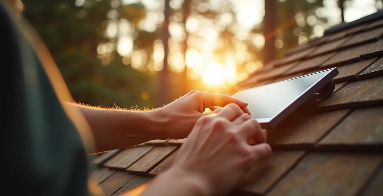 Installation de panneaux solaires discrets sur le toit d'une cabane perchée