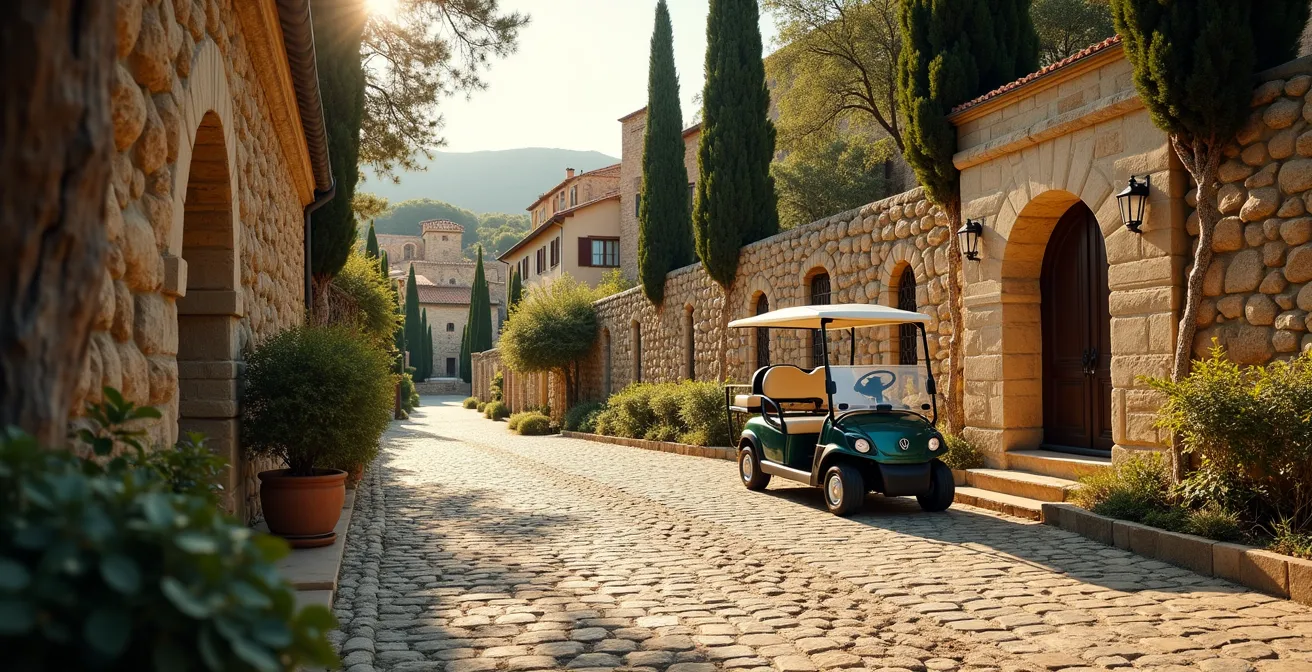 Zone de stationnement à l'entrée d'un village médiéval italien avec vue sur les remparts historiques