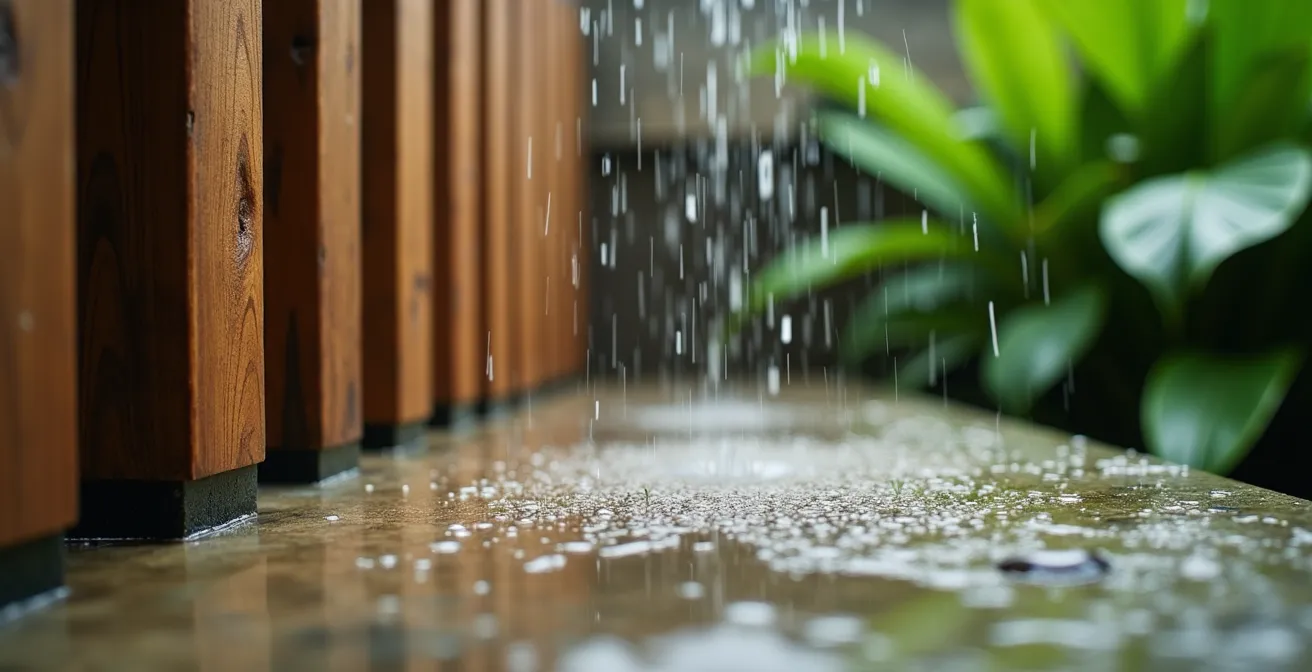 Douche extérieure design en pierre naturelle et bois, entourée de végétation luxuriante avec vue sur la forêt