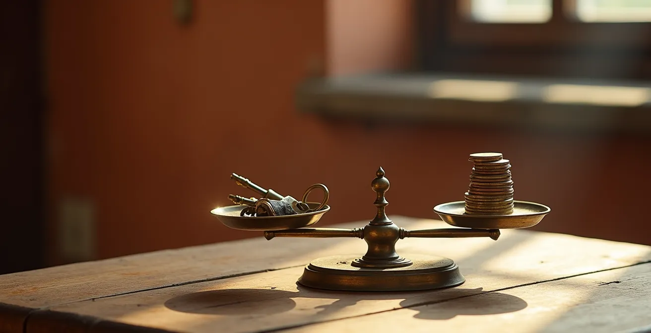 Balance dorée symbolisant l'équité dans la répartition des chambres avec clés et pièces