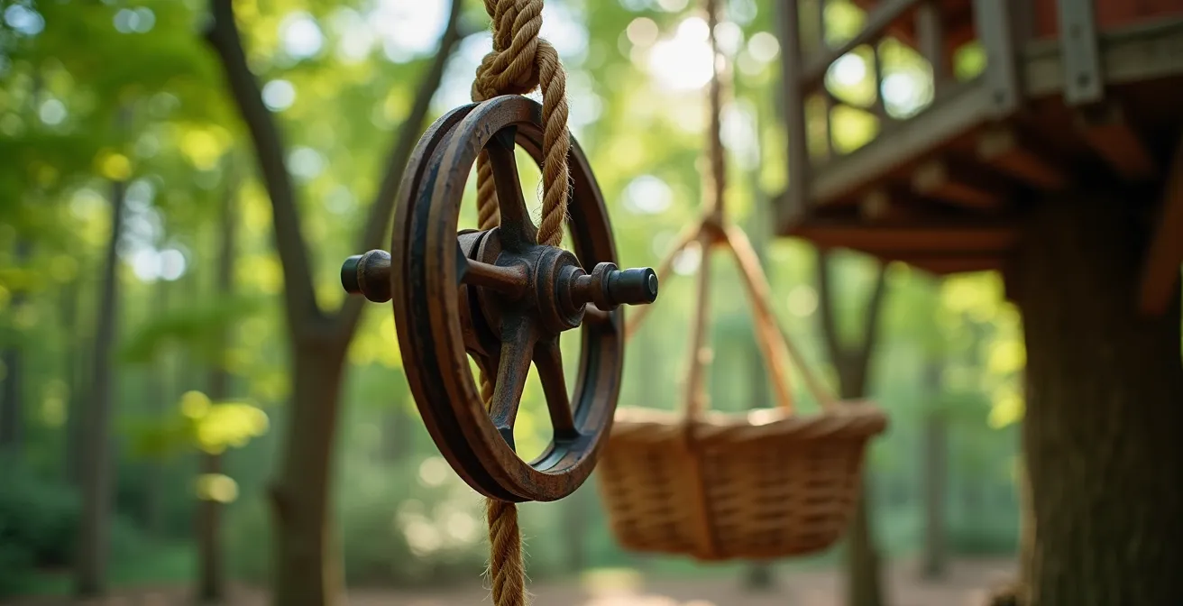 Système de poulie rustique en bois attaché à une cabane perchée avec panier de transport