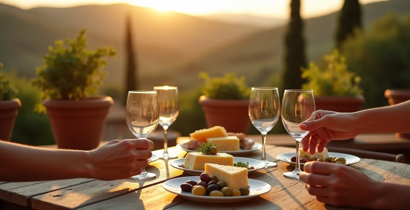 Terrasse de villa toscane avec table dressée pour l'apéritif au coucher du soleil