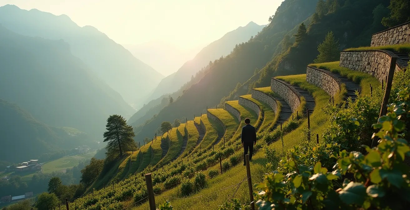 Vignobles en terrasses sur les pentes alpines italiennes au lever du soleil