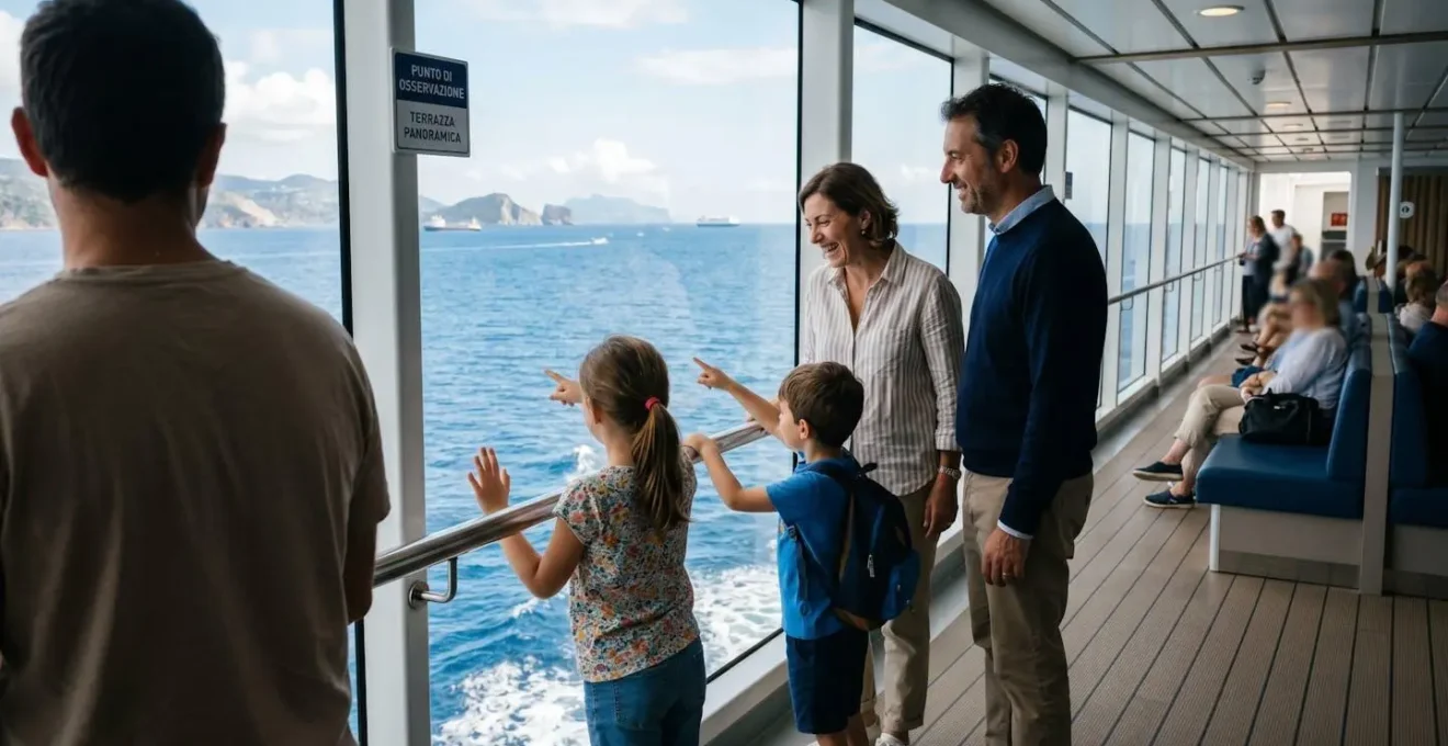 Una famiglia italiana vista di spalle sul ponte di un traghetto moderno, con due bambini che indicano l'orizzonte marino mentre i genitori osservano il paesaggio