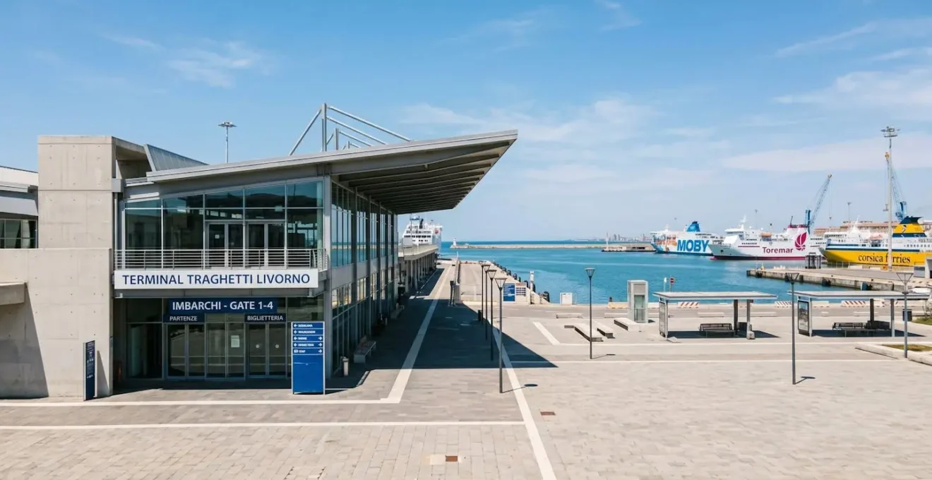 Vista ad ampio angolo del terminal traghetti moderno del porto di Livorno con navi ormeggiate sullo sfondo e architettura portuale contemporanea sotto cielo sereno